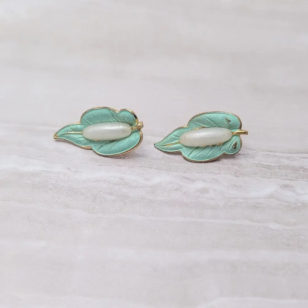 Vintage Clip On Earrings Light Green, Gold Tone, Faux Pearl - Condition Issues